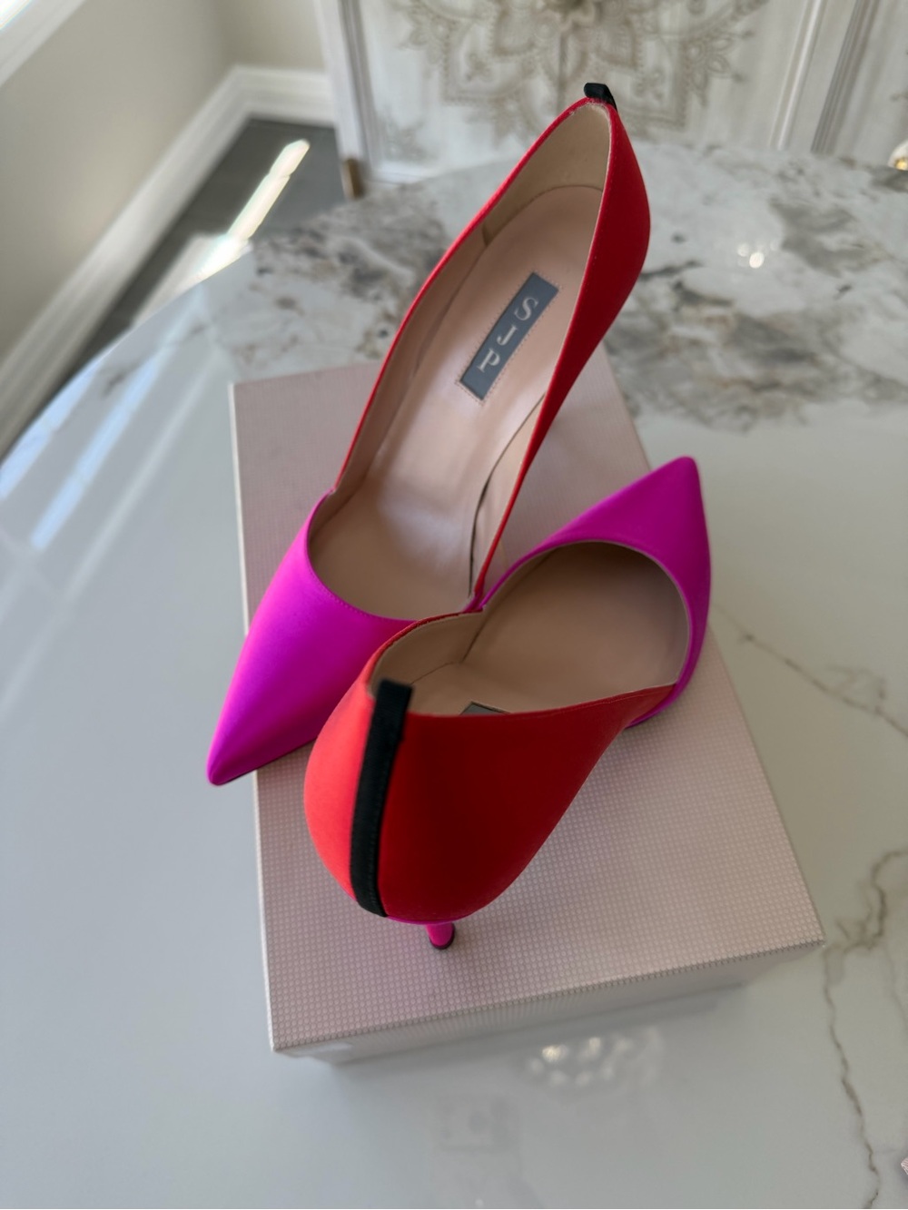 SJP by Sarah Jessica Parker Two-Tone Pink and Red Pointed Pumps satin.